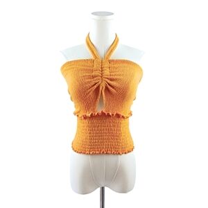 C&A Mustard Yellow Smocked Halter Crop Top With Ruffle Trim Size G (M/L)